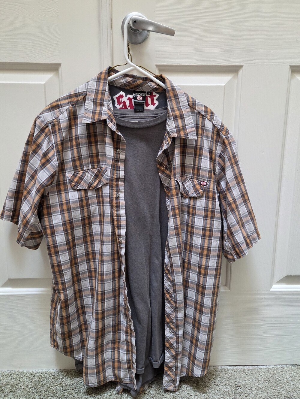 Split Large Plaid Shirt With Grey Undershirt